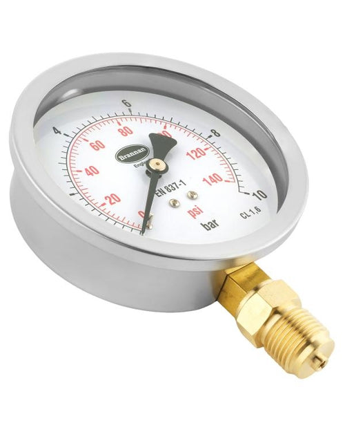 Brannan 37/826/0 | Stainless Fillable Pressure Gauge | 100 mm, 0 to 10 bar, bottom 1/2" NPT, dry, 1.6% - generaltechuae (2)