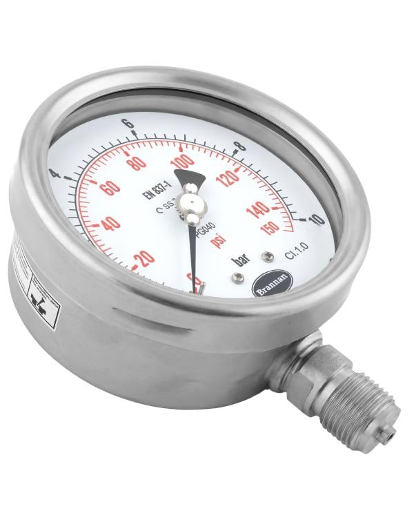 Brannan 35/468/5 | Premium Stainless Steel Pressure Gauge | 150 mm, 0 to 400 psi, glycerine filled, 1/2 in BSP bottom - generaltechuae