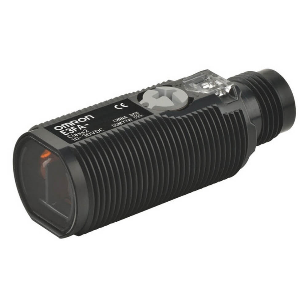 OMRON E3FA-RP22 | Photoelectric sensor, M18 axial, plastic body, red LED, coaxial retro-reflective, 0-500m, PNP, L-ON/D-ON selectable, M12 connector