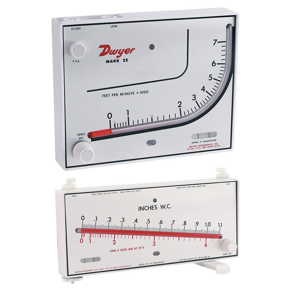 Dwyer Instruments MARK II 40-1-AV-NIST | Molded plastic manometer | Range 0-1.1" w.c. & 0-4200 fpm | Red fluid | .826 sp. gr. | Requires Pitot tube (*sold separately) | With NIST Calibration certificate