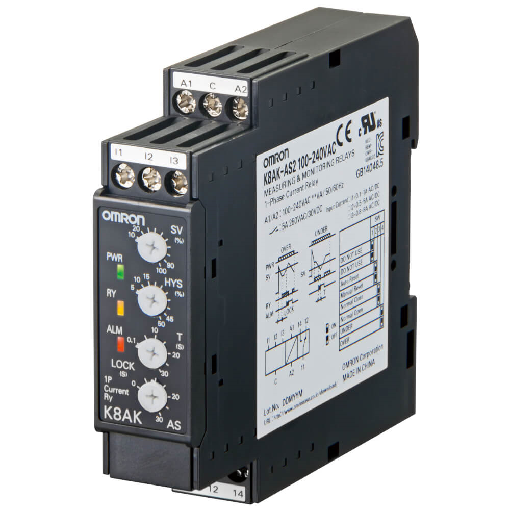 OMRON K8AK-AS2 100-240VAC | Monitoring relay 22.5mm wide, Single phase over or under current 0.1 to 8A AC or DC, One SPDT, 100-240 VAC