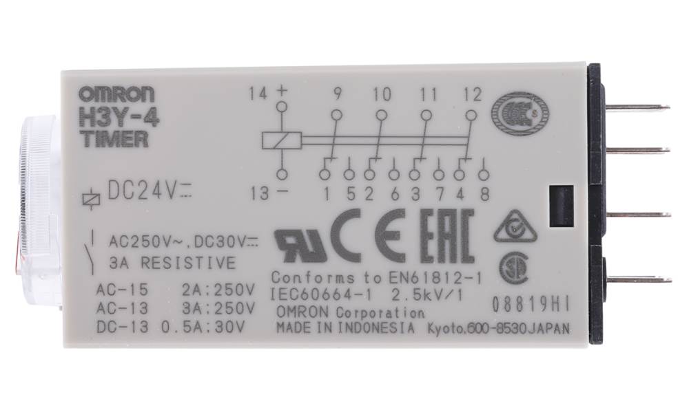 Omron H3Y-4 DC24 10S, H3Y-4 Series DIN Rail, Surface Mount Timer Relay, 24V dc, 4-Contact, 0.5 → 10s, 1-Function, 4PDT