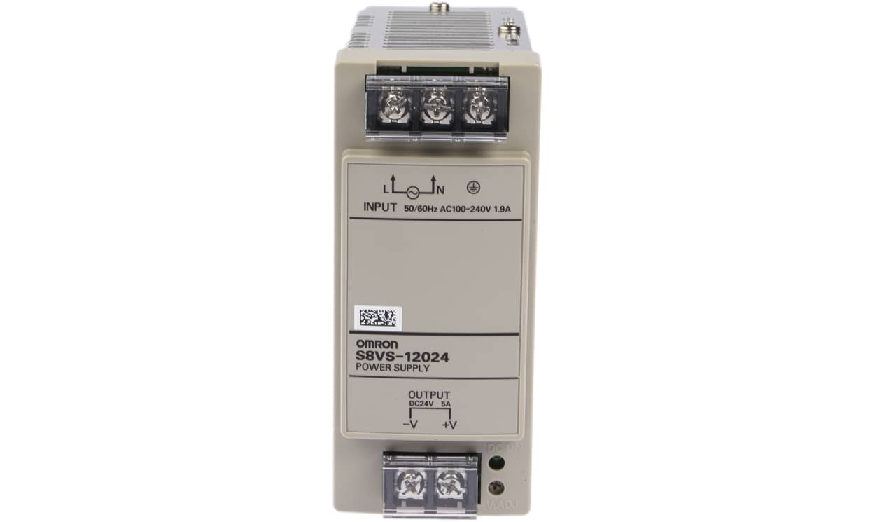 Omron S8VS-12024, S8VS Switched Mode DIN Rail Power Supply, 85 → 264V ac ac Input, 24V dc dc Output, 5A Output, 120W