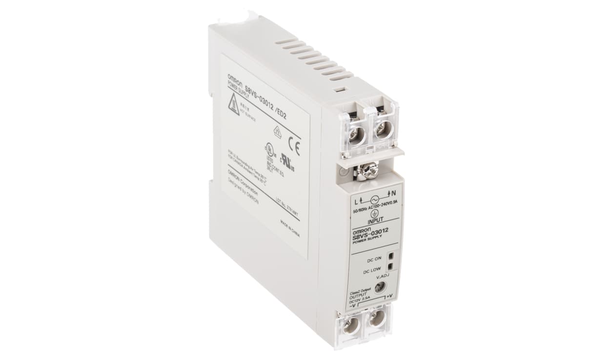 Omron S8VS-03012, S8VS Switched Mode DIN Rail Power Supply, 85 → 264V ac ac Input, 12V dc dc Output, 2.5A Output, 30W
