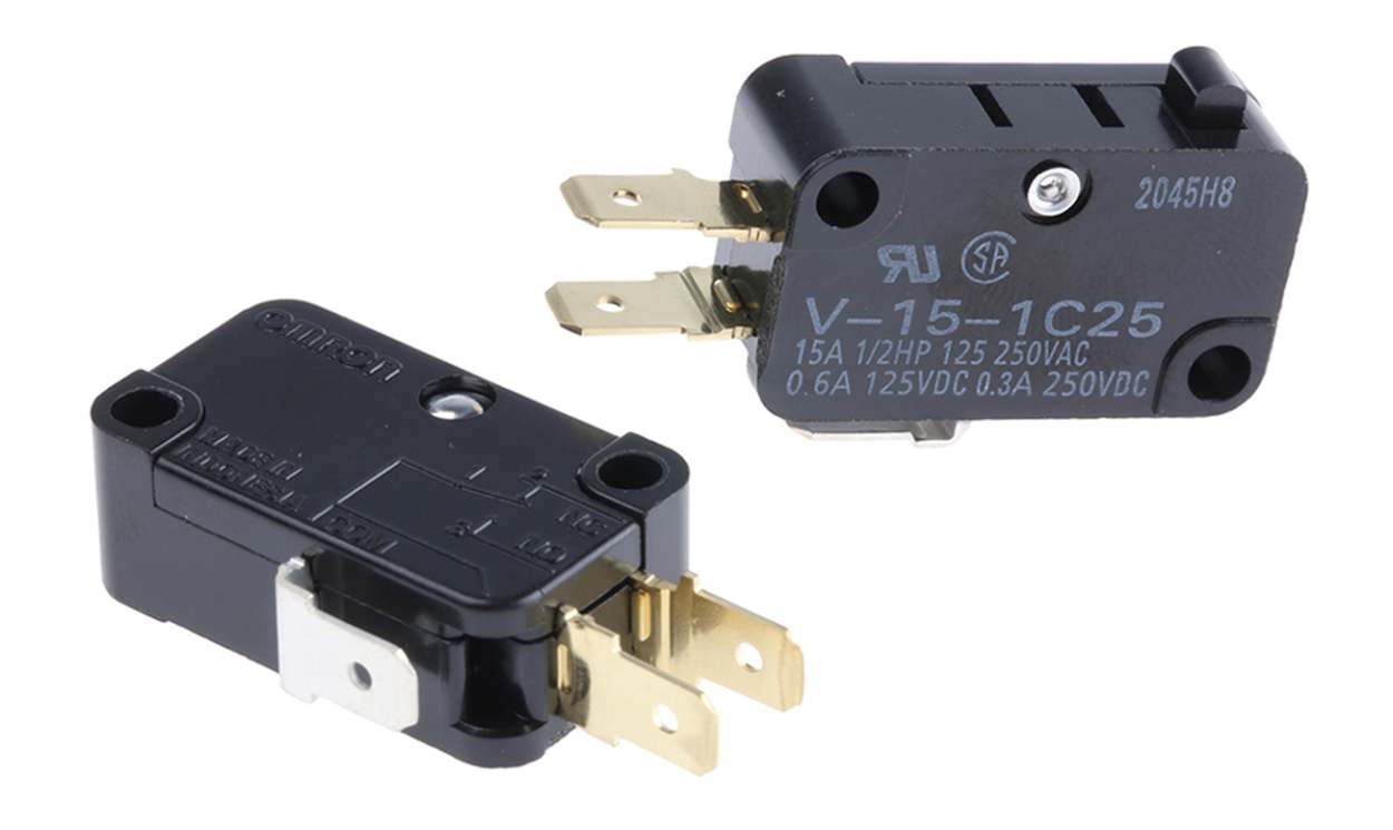 Omron V-15-1C25, Pin Plunger Micro Switch, Tab Terminal, 15 A @ 250 V ac, SPDT, IP40