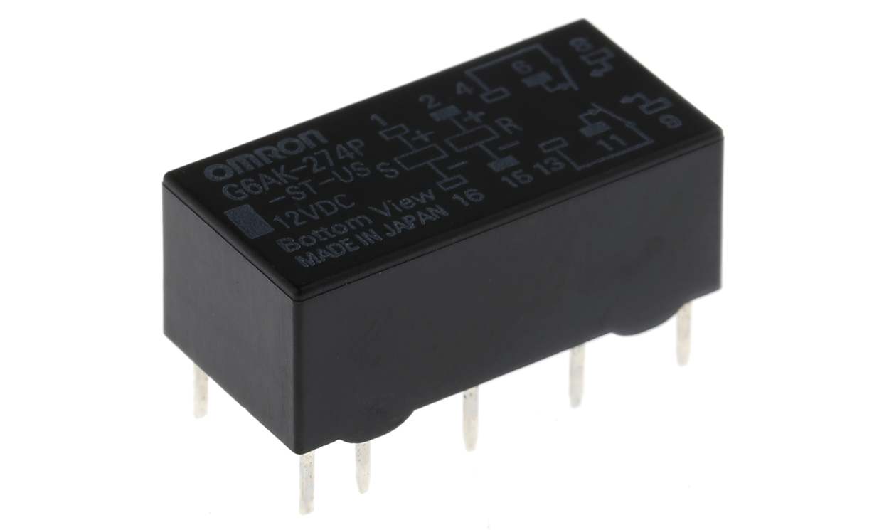 Omron G6AK-274P-ST-US 12DC, PCB Mount Latching Signal Relay, 12V dc Coil, 500mA Switching Current, DPDT