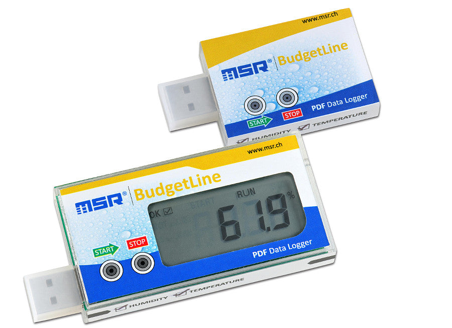MSR BudgetLine reusable climate data loggers for transport and storage, shown in image with digital display and compact design.