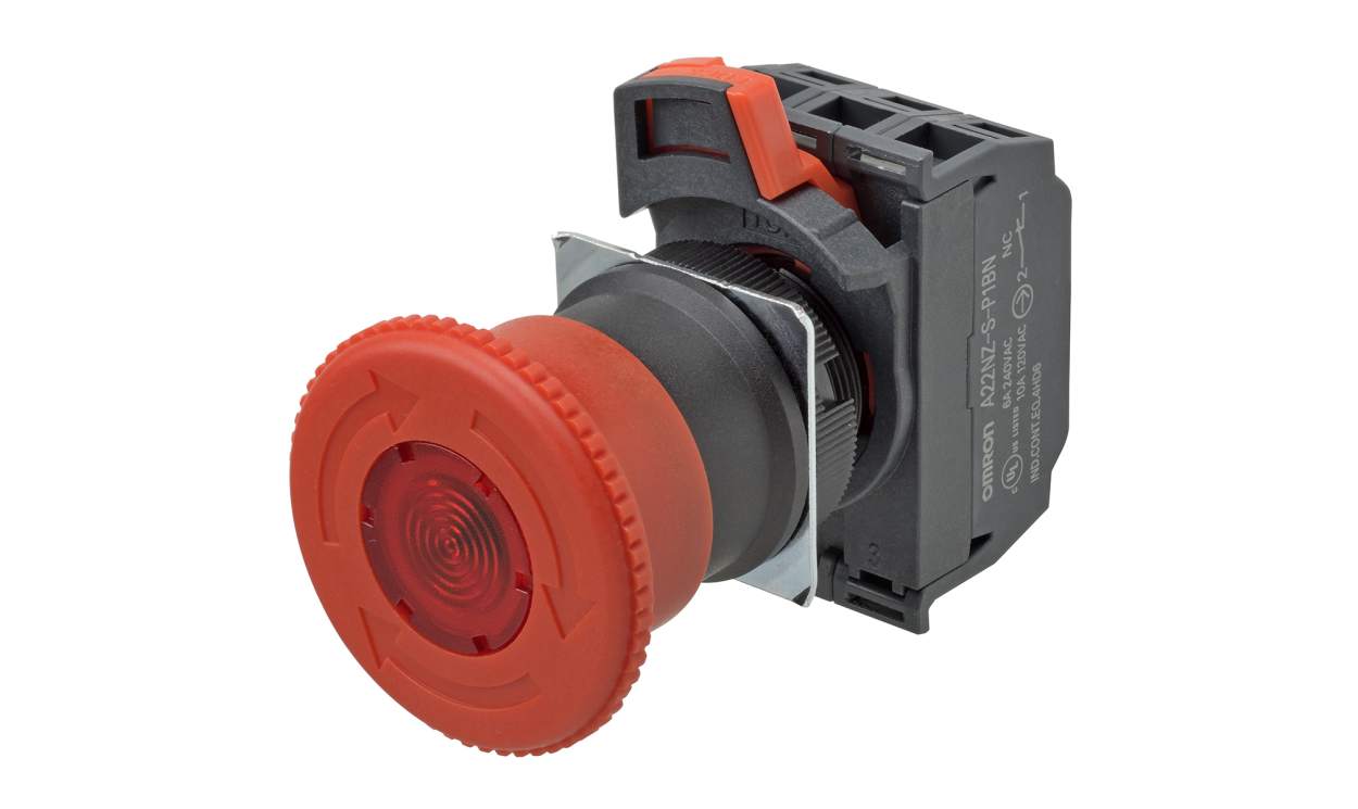 Omron A22NE-M-PD02-C, A22NE-PD Series Twist Release Illuminated Emergency Stop Push Button, Panel Mount, 22mm Cutout, 2NC, IP65