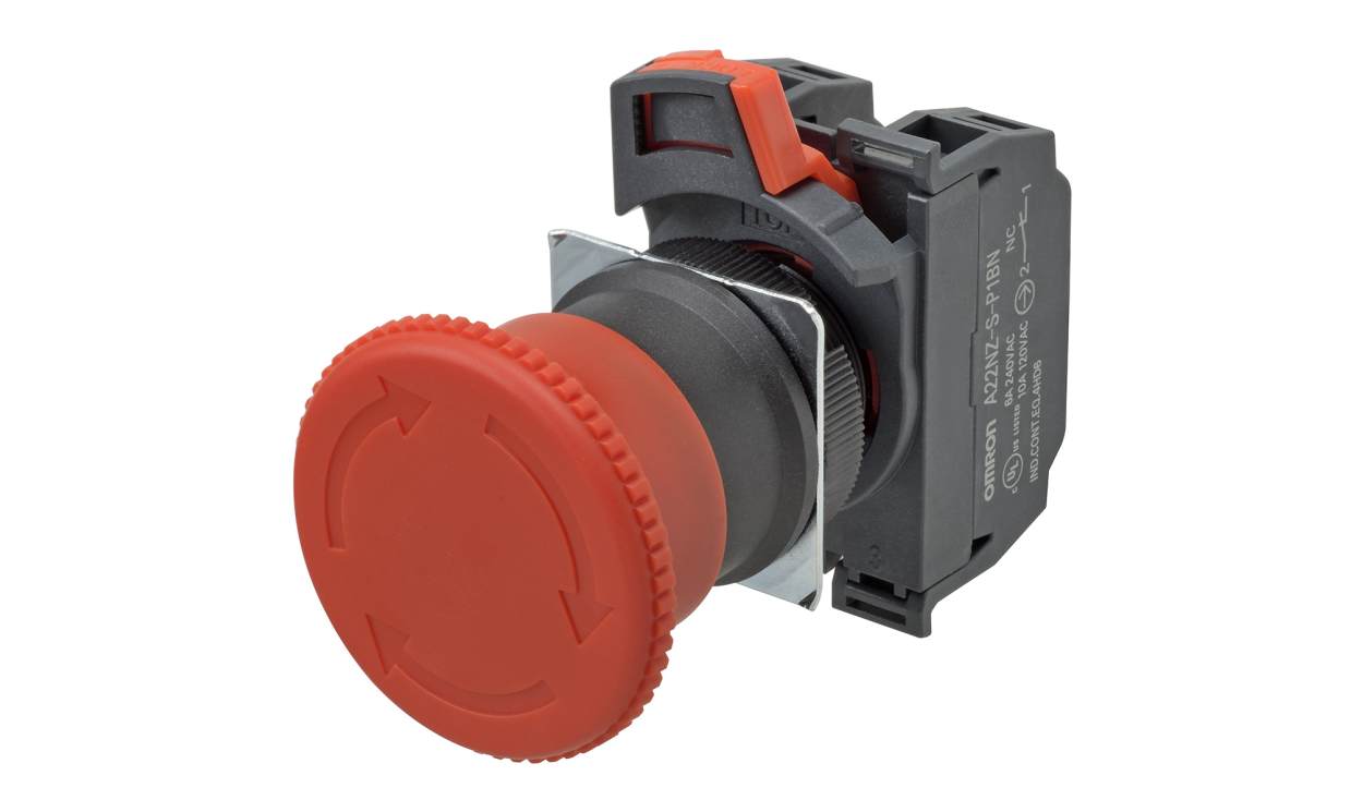 Omron A22NE-M-PD22-N, A22NE-PD Series Twist Release Emergency Stop Push Button, Panel Mount, 22mm Cutout, 2NO + 2NC, IP65