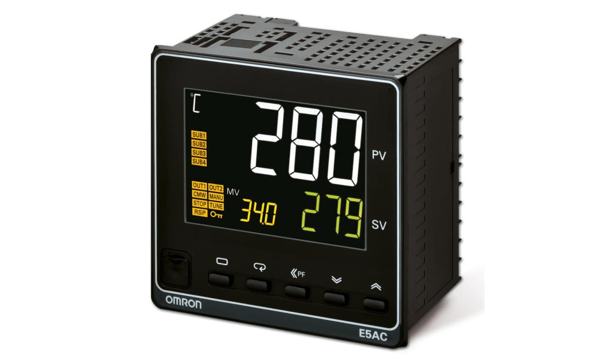 Omron E5AC-PR4A5M-000, E5AC Panel Mount PID Temperature Controller, 96 x 96mm 2 Input, 4 Output Position-proportional <BR/>relay output, - generaltechuae