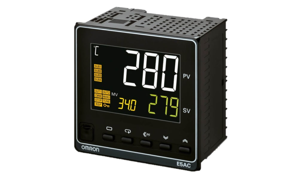 Omron E5AC-RX4A5M-000, E5AC Panel Mount PID Temperature Controller, 96 x 96mm, 1 Output Relay, 100 → 240 V ac Supply Voltage ON/OFF,