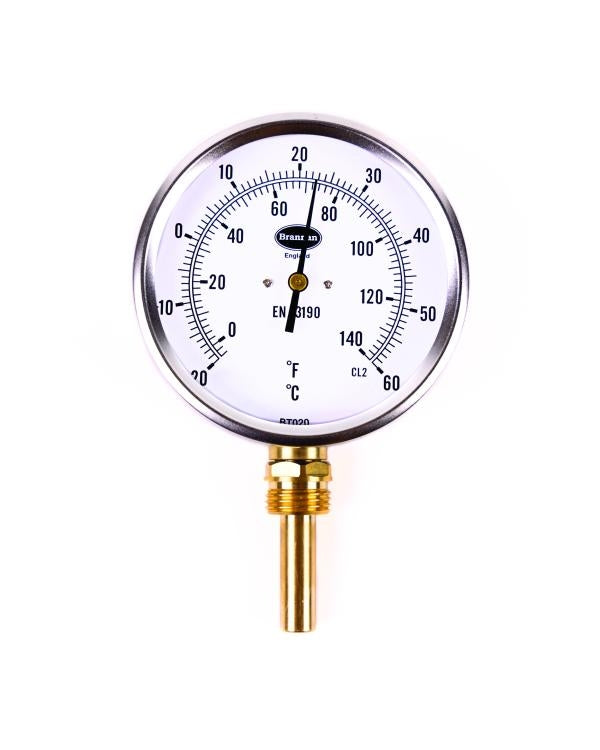 Brannan 32/621/9 | Commercial Bimetal Dial Thermometer | 100 mm, 0 to +120 °C/°F, bottom, 50 mm pocket, pre-calibrated - generaltechuae