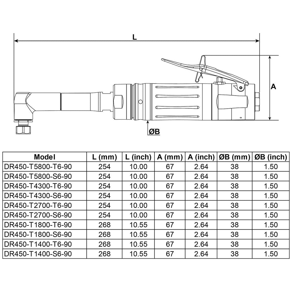 Desoutter DR450-T5800-T6-90 | Pneumatic Angle Head Drill | 5800 rpm, 3.1 Nm, 1/4 in Collet