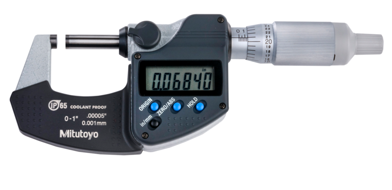 Mitutoyo 293-344-30 | Digital Micrometer IP65 | Inch/Metric Range 0 - 1" (0 - 25.4 mm) |  w/o Output, Ratchet Thimble