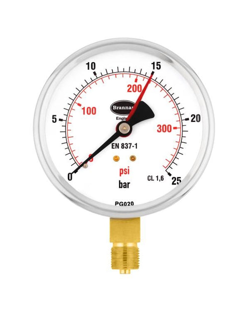 Brannan 34/657/9 | Commercial Pressure Gauge | 100 mm, 0 to 25 bar, 3/8 in BSP bottom, pre-calibrated - generaltechuae