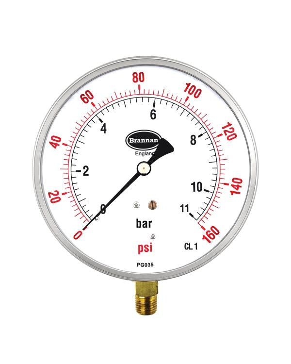 Brannan 35/356/8 | Contractor Pressure Gauge | 115 mm, 0 to 230 psi & bar, 1/2" BSP, glass window - generaltechuae