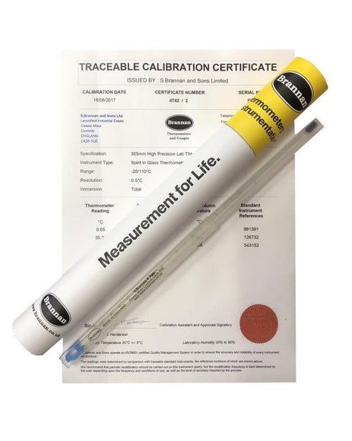Brannan 50/526/0 | THERMcert Pre-Calibrated Lab Thermometer | 305 mm, -20 to +110 °C, 0.5 °C, Total Imm., 3 Point - generaltechuae