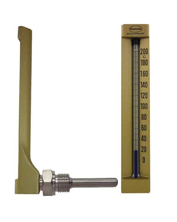Brannan 88/295/0 | Industrial V-Line Thermometer | 90° angle, 110 mm, Aluminium, 0 to +160 °C, 100 mm pocket - generaltechuae