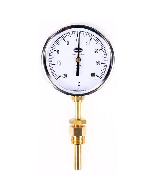 Brannan 96/668/0 | Liquid Expansion Dial Thermometer | 100 mm, Back, 200 mm Stem, 150 mm Pocket, 0 to +160 °C, °C/°F - generaltechuae